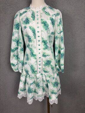 Women's Green Floral Lace Dress With Buttons Long Sleeves & Ruffled Hem XS NWT's